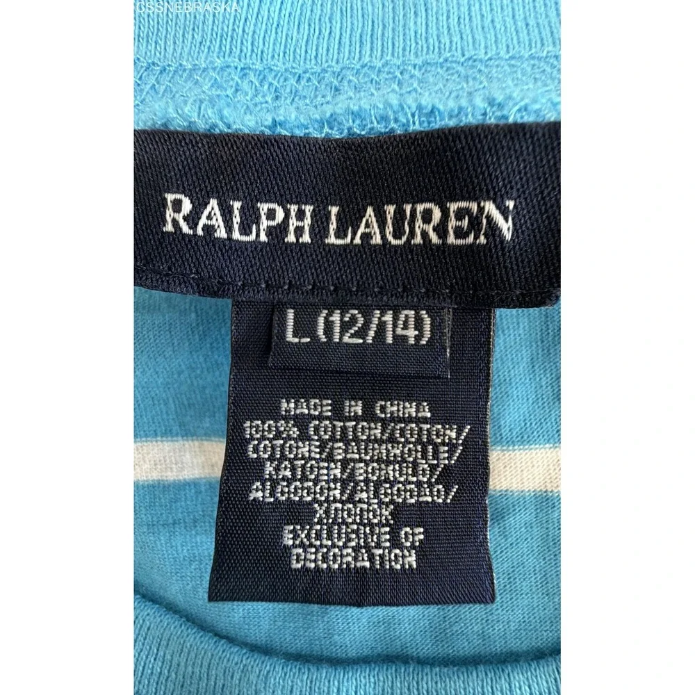 Ralph Lauren Girls Blue Striped Ruffle Hem Dress 3/4 Sleeve NWT Size L 12/14